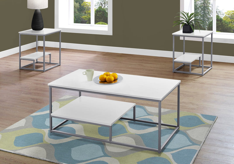 Jules 42.25\" Modern 3-Pack Coffee + 2 End Tables with Shelf - White with Grey Metal Frame