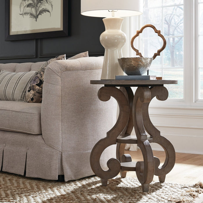 Tinley Park 22\" Traditional Round End Table with Shelf - Grey-Brown Pine with Scroll Design Base