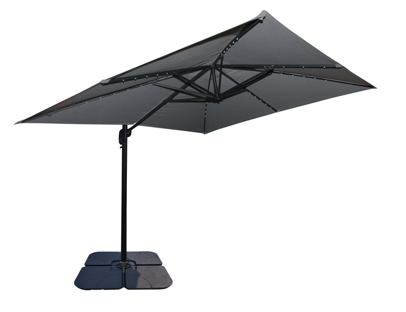 Solar Cantilevered Patio Umbrella with Base - 137\"W x 84\"H, Steel, Hand Crank, Water/Sand Fill Attachable Base, Built-in LED Lights - Grey