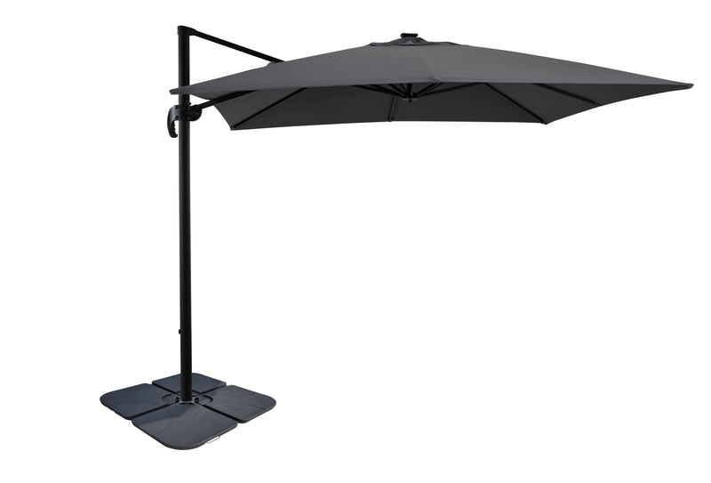 Solar Cantilevered Patio Umbrella with Base - 137\"W x 84\"H, Steel, Hand Crank, Water/Sand Fill Attachable Base, Built-in LED Lights - Grey