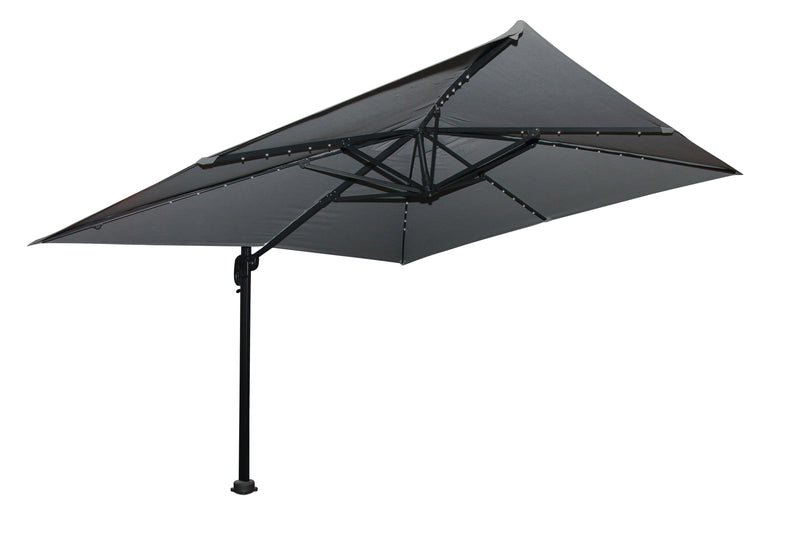 Solar Cantilevered Patio Umbrella - 137\"W x 84\"H, Steel, Hand Crank, Built-in LED Lights - Grey