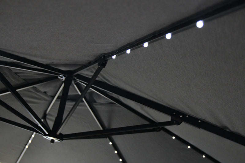 Solar Cantilevered Patio Umbrella - 137\"W x 84\"H, Steel, Hand Crank, Built-in LED Lights - Grey