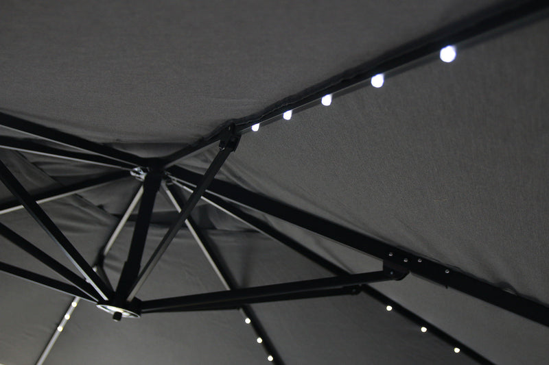 Solar Cantilevered Patio Umbrella with Base - 137\"W x 84\"H, Steel, Hand Crank, Water/Sand Fill Attachable Base, Built-in LED Lights - Grey