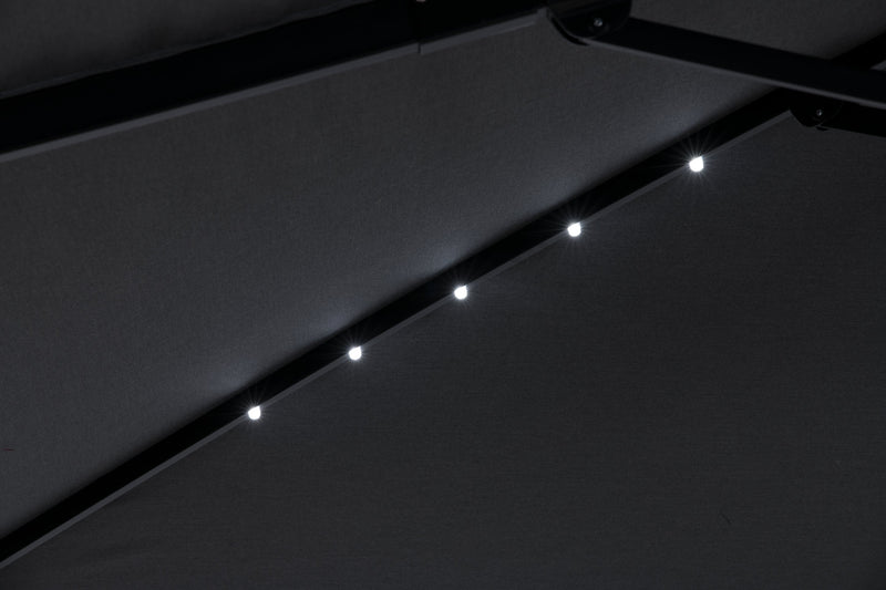 Solar Cantilevered Patio Umbrella - 137\"W x 84\"H, Steel, Hand Crank, Built-in LED Lights - Grey