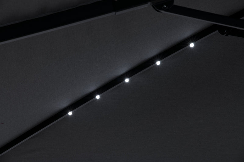 Solar Cantilevered Patio Umbrella with Base - 137\"W x 84\"H, Steel, Hand Crank, Water/Sand Fill Attachable Base, Built-in LED Lights - Grey