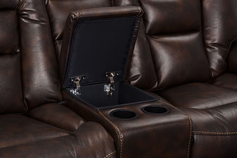 Leo 5-Piece Leather-Look Fabric Home Theatre Reclining Sectional with Storage Consoles and Cupholders - Walnut Brown