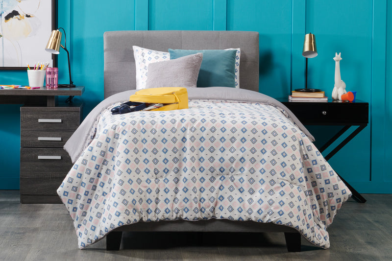 Tara Upholstered Bed in Grey Linen-Look Fabric, Button Tufted - Twin Size