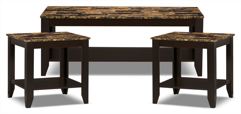 Roma  47.5\" Rustic 3-Pack Coffee + 2 End Tables with Shelf - Cappucino Marble Look