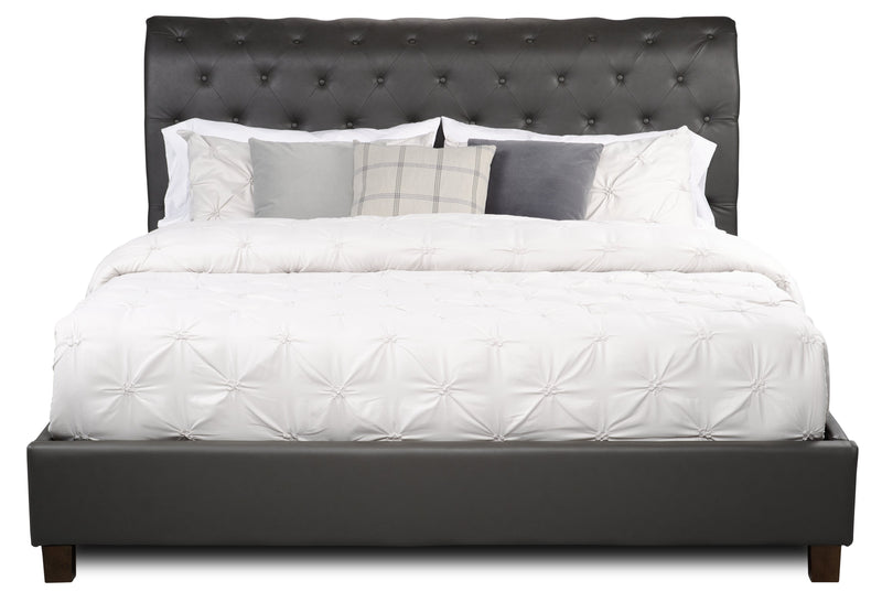 Tulsa Upholstered Platform Bed in Grey Vegan-Leather Fabric, Button Tufted - King Size
