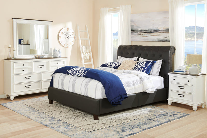 Tulsa Upholstered Platform Bed in Grey Vegan-Leather Fabric, Button Tufted - Queen Size