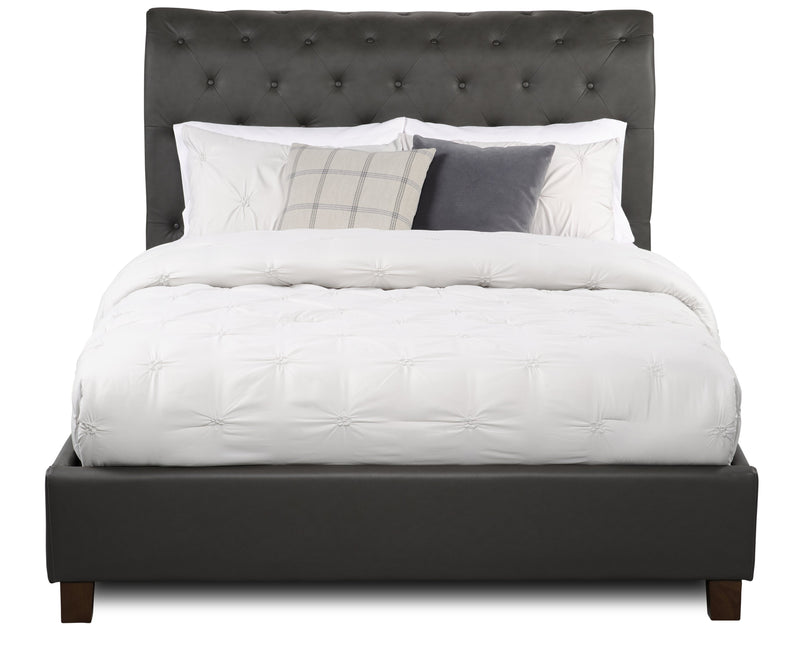 Tulsa Upholstered Platform Bed in Grey Vegan-Leather Fabric, Button Tufted - Queen Size