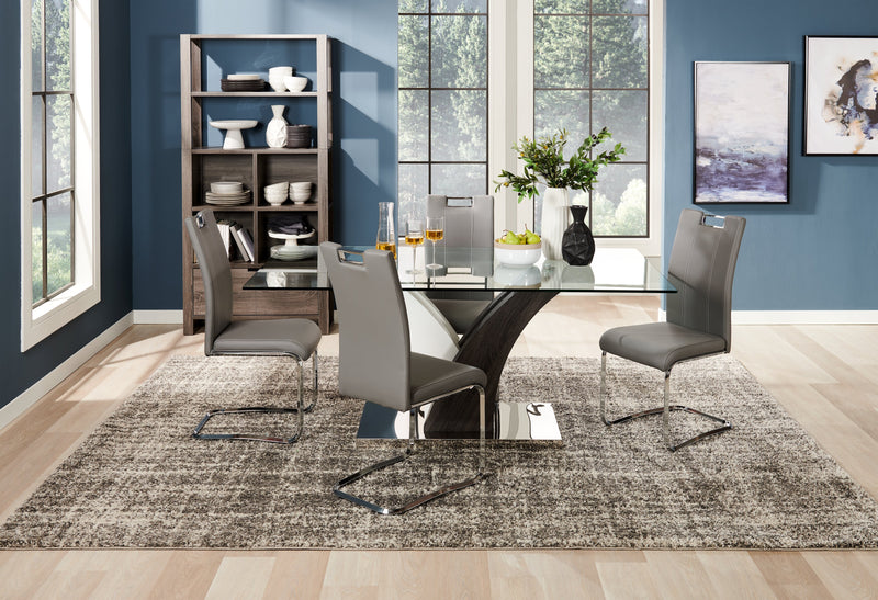 Tuxedo 5pc Dining Set with Table & 4 Chairs, Glass Top, Pedestal Base, 72\"W - Grey