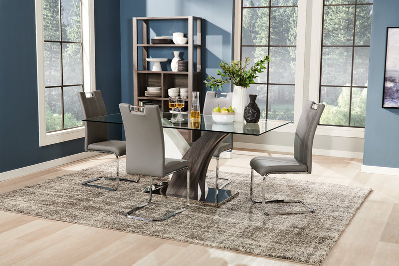 Tuxedo 5pc Dining Set with Table & 4 Chairs, Glass Top, Pedestal Base, 72\"W - Grey