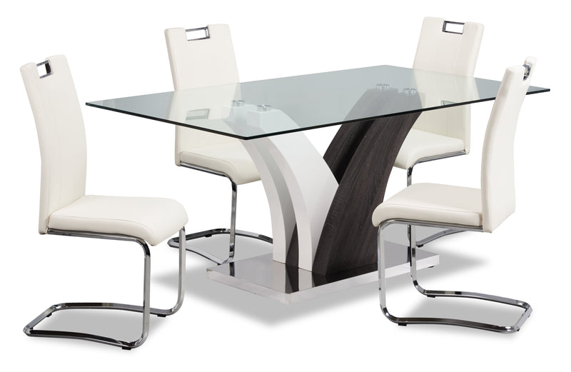 Tuxedo 5pc Dining Set with Table & 4 Chairs, Glass Top, Pedestal Base, 72\"W - White