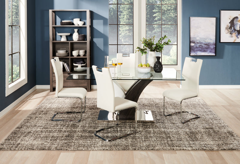 Tuxedo 5pc Dining Set with Table & 4 Chairs, Glass Top, Pedestal Base, 72\"W - White