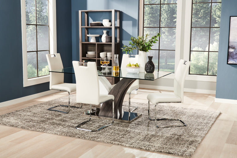 Tuxedo 5pc Dining Set with Table & 4 Chairs, Glass Top, Pedestal Base, 72\"W - White