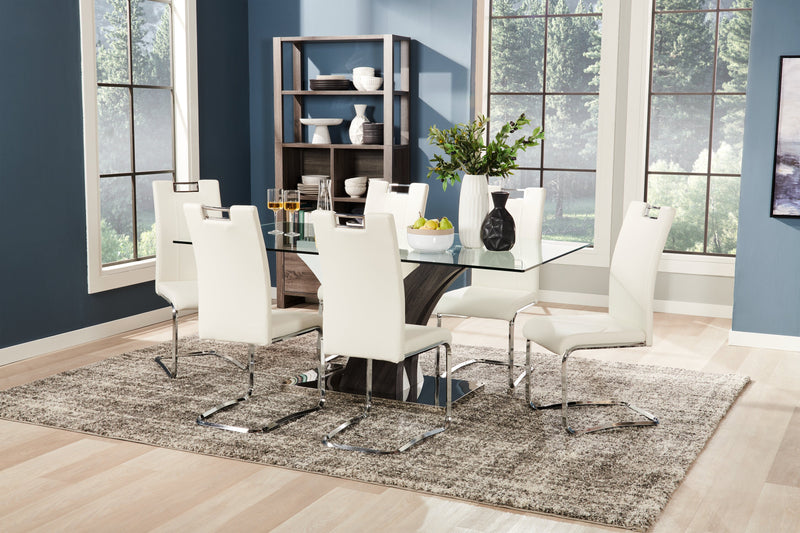 Tuxedo 7pc Dining Set with Table & 6 Chairs, Glass Top, Pedestal Base, 72\"W - White