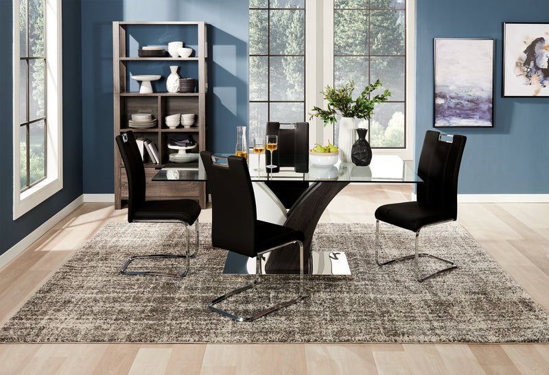 Tuxedo 5pc Dining Set with Table & 4 Chairs, Glass Top, Pedestal Base, 72\"W - Black