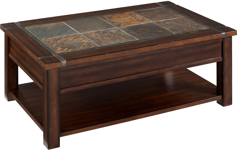 Roanoke 50\" Rustic Lift Top Coffee Table with Storage and Shelf - Dark Cherry Wood and Slate Inlay