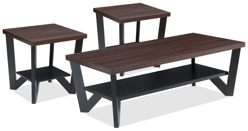 Arika 47.5\" Modern 3-Pack Coffee + 2 End Tables with Shelf - Dark Walnut annd Black 