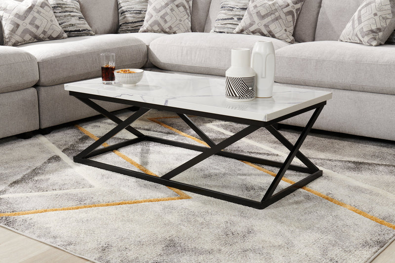 Verona 47.25\" Modern Coffee Table - White Marble Look with Black Metal Base