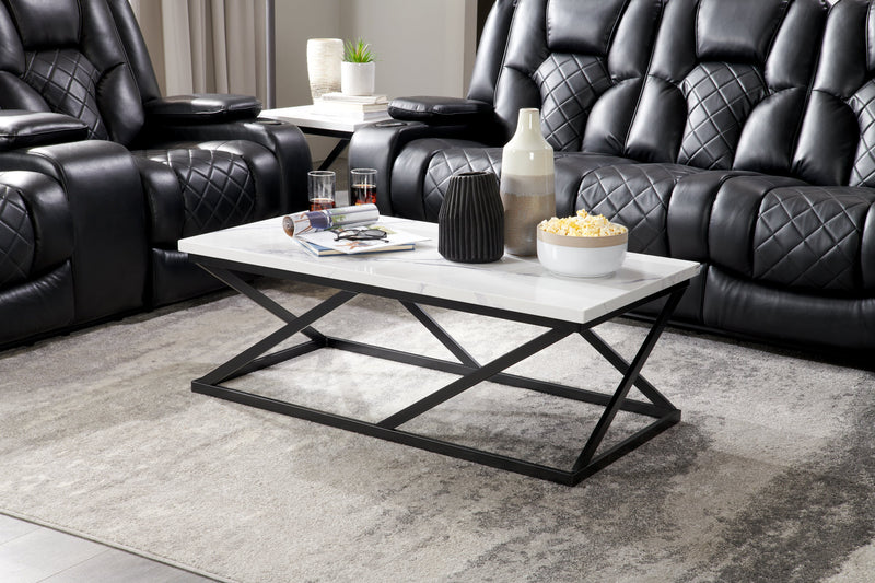 Verona 47.25\" Modern Coffee Table - White Marble Look with Black Metal Base