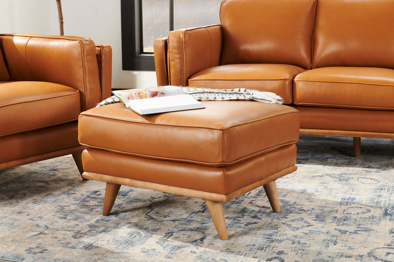 Vivia 28\" Genuine Leather Ottoman with Wood Base - Caramel Brown 