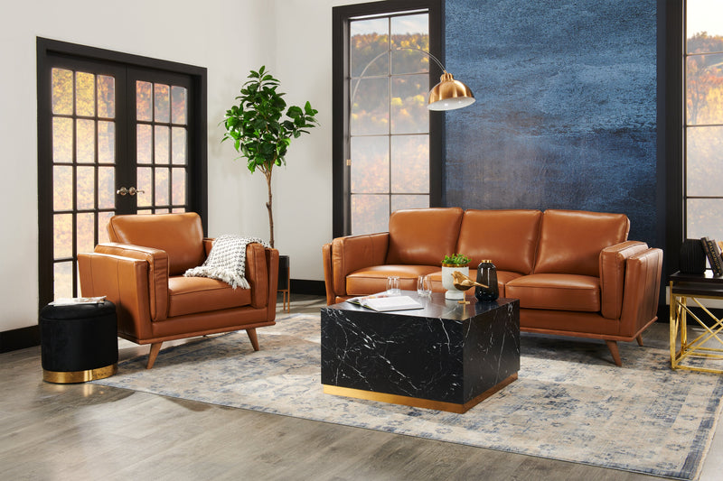 Vivia 86\" Genuine Leather Sofa with Removable Seat Cushions and Wood Base - Caramel Brown 