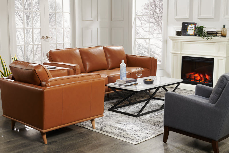 Vivia 86\" Genuine Leather Sofa with Removable Seat Cushions and Wood Base - Caramel Brown 