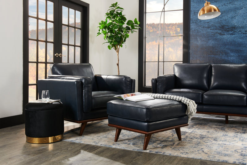 Vivia 40\" Genuine Leather Chair with Removable Seat Cushion and Wood Base - Navy Blue