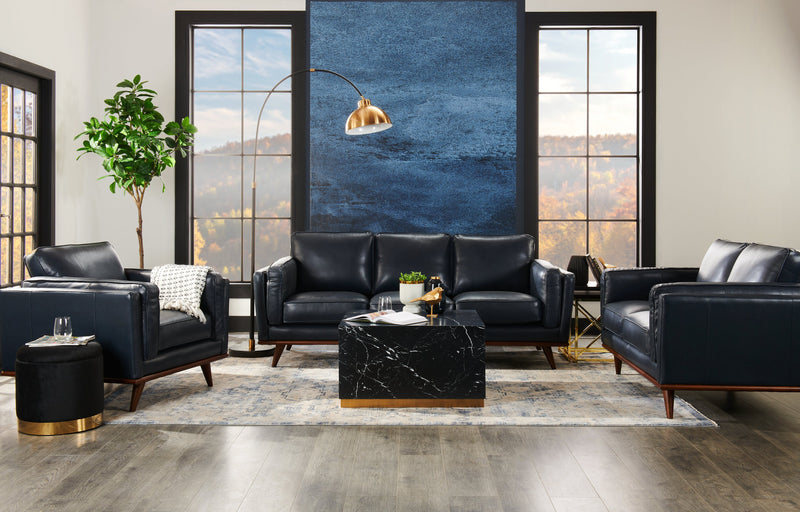 Vivia 63\" Genuine Leather Loveseat with Removable Seat Cushions and Wood Base - Navy Blue