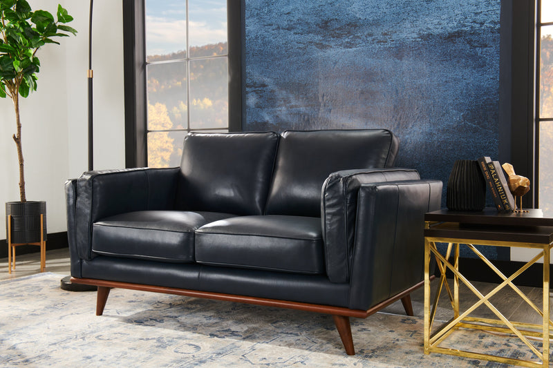 Vivia 63\" Genuine Leather Loveseat with Removable Seat Cushions and Wood Base - Navy Blue