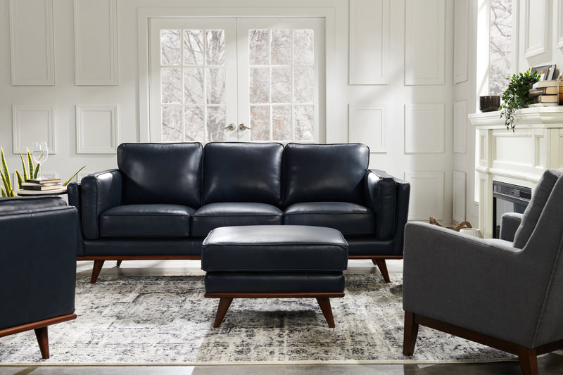 Vivia 28\" Genuine Leather Ottoman with Wood Base - Navy Blue