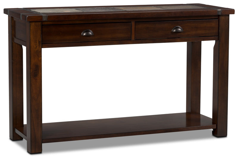 Roanoke 50\" Rustic Sofa Table with Storage and Shelf - Dark Cherry Wood and Slate Inlay