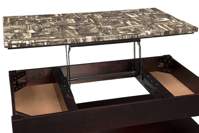 Sicily 48\" Traditional Lift Top Coffee Table With Storage, Shelf and Casters - Dark Brown  with Mable Look Top