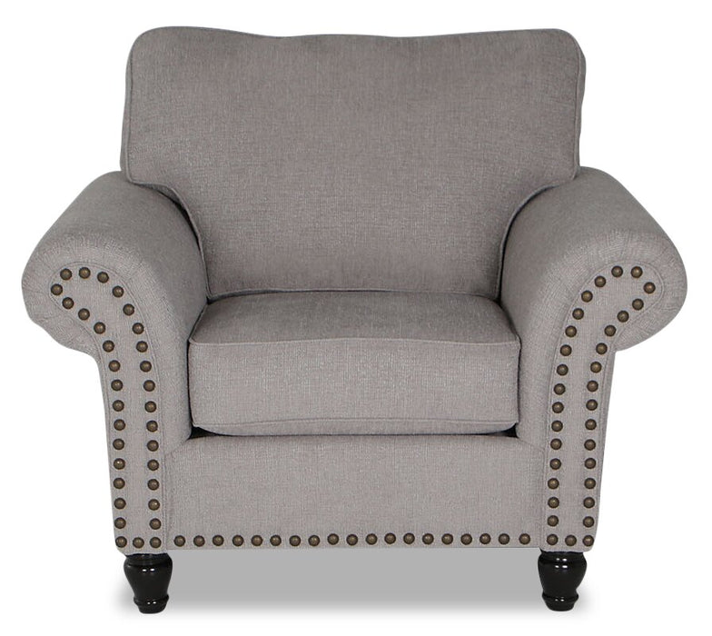 Made in Canada Wynn 47\" Chenille Fabric Chair with Nailhead Trim and Wood Bun Legs - Grey