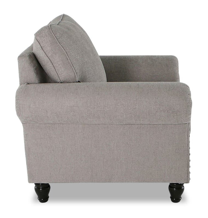 Made in Canada Wynn 47\" Chenille Fabric Chair with Nailhead Trim and Wood Bun Legs - Grey