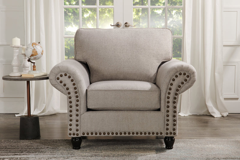 Made in Canada Wynn 47\" Chenille Fabric Chair with Nailhead Trim and Wood Bun Legs - Grey