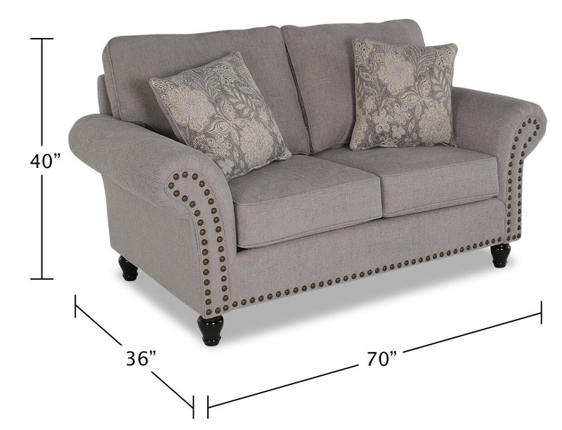 Made in Canada Wynn 70\" Chenille Fabric Loveseat with Nailhead Trim and Wood Bun Legs - Grey