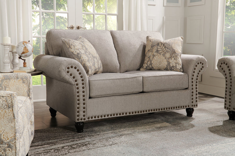 Made in Canada Wynn 70\" Chenille Fabric Loveseat with Nailhead Trim and Wood Bun Legs - Grey