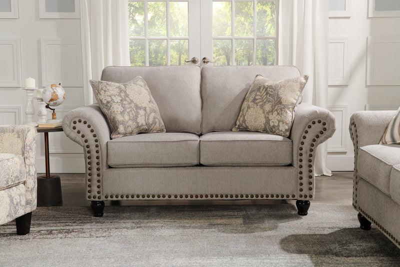 Made in Canada Wynn 70\" Chenille Fabric Loveseat with Nailhead Trim and Wood Bun Legs - Grey