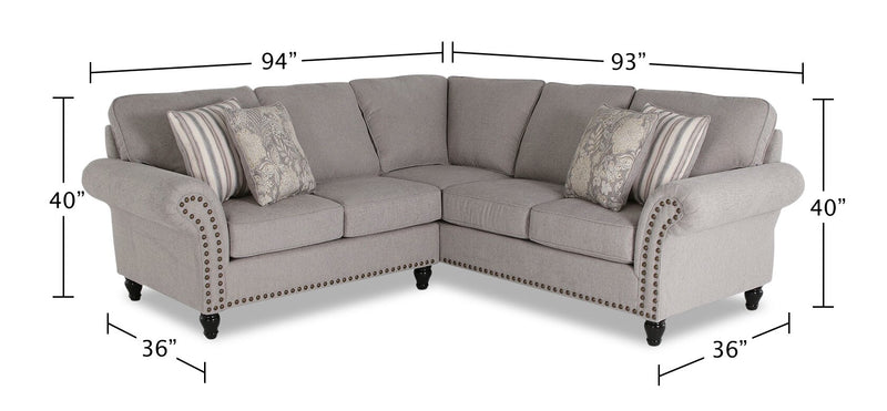 Made in Canada Wynn 2-Piece Chenille Fabric Sectional with Nailhead Trim and Wood Bun Legs - Grey