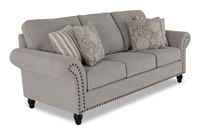 Made in Canada Wynn 93\" Chenille Fabric Sofa with Nailhead Trim and Wood Bun Legs - Grey