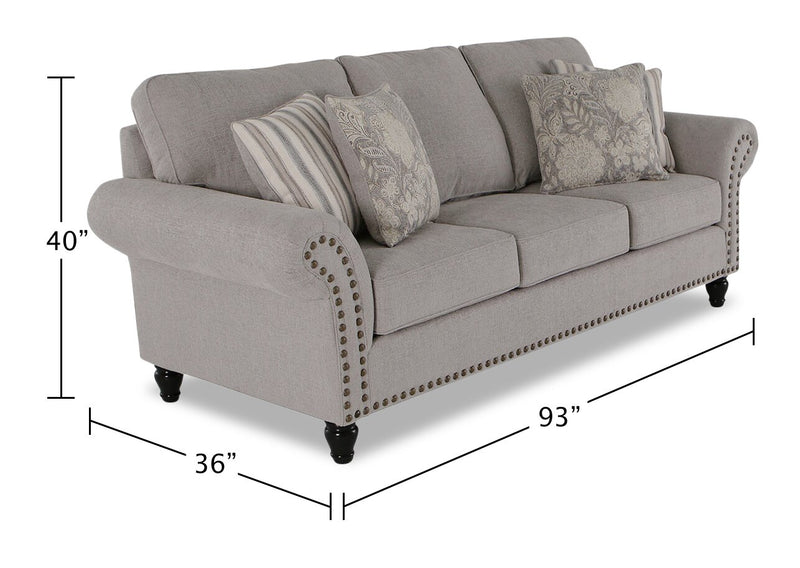 Made in Canada Wynn 93\" Chenille Fabric Sofa with Nailhead Trim and Wood Bun Legs - Grey