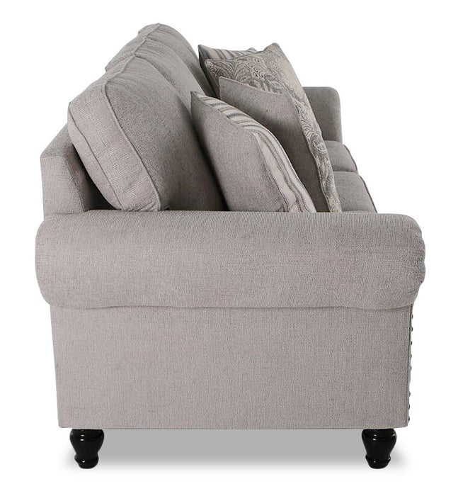 Made in Canada Wynn 93\" Chenille Fabric Sofa with Nailhead Trim and Wood Bun Legs - Grey