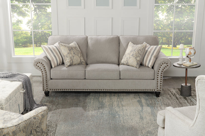 Made in Canada Wynn 93\" Chenille Fabric Sofa with Nailhead Trim and Wood Bun Legs - Grey