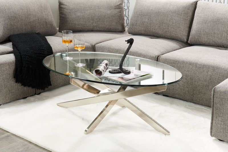 Zila 48\" Modern Round Glass Top Coffee Table - Silver with Stainless Steel Base